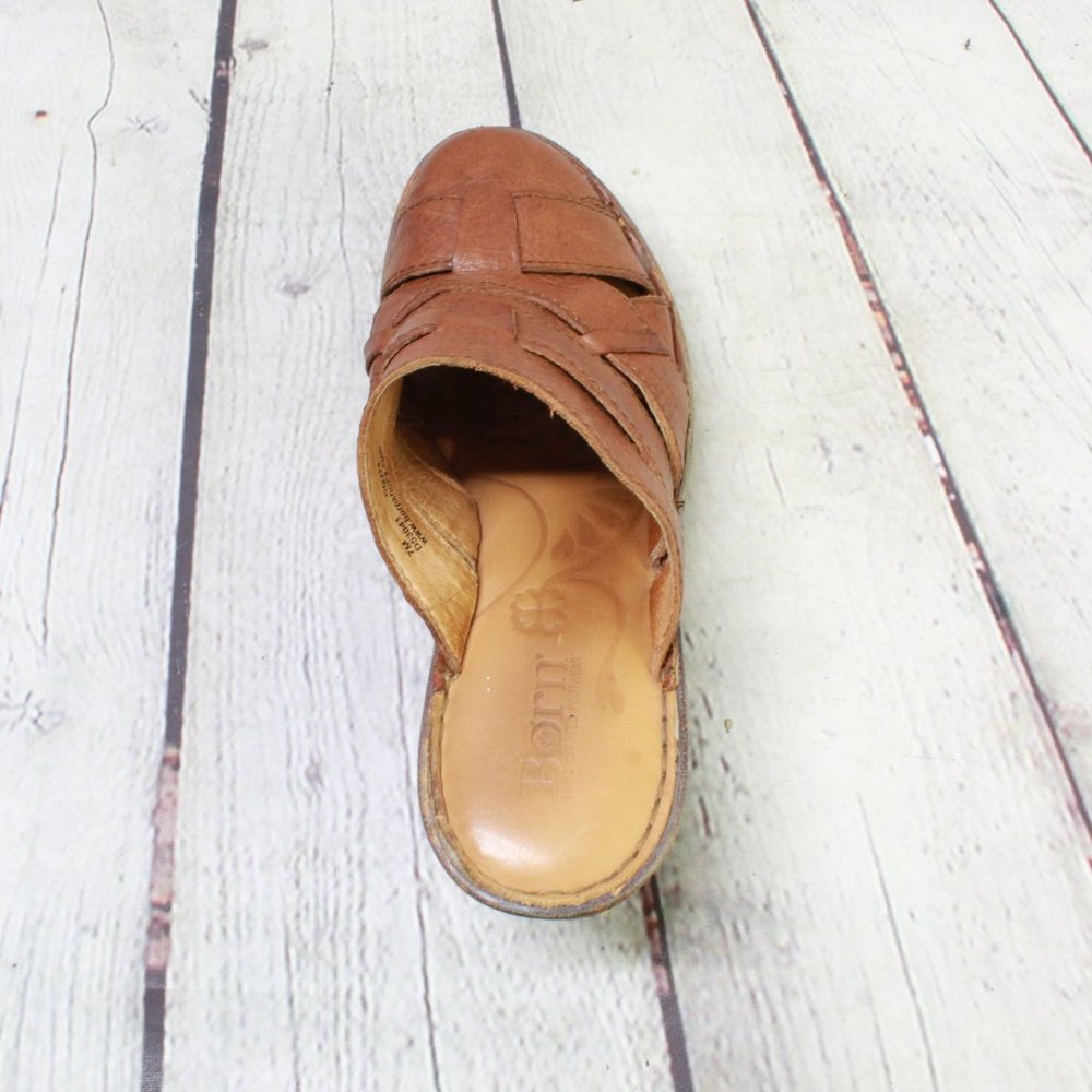 Born Brown Leather Slip On Woven Clogs Casual Heeled Mules Size 7 Medium - Picture 7 of 9